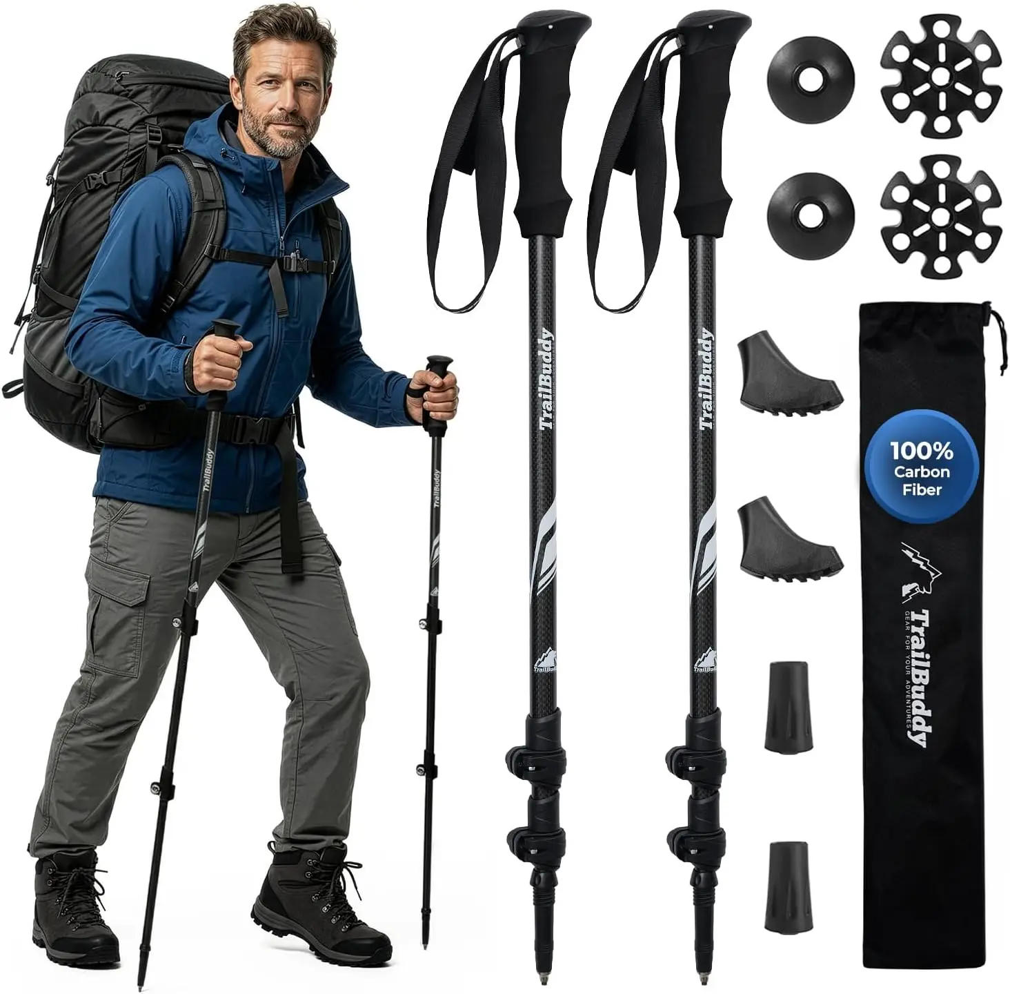 

3K Carbon Fiber Hiking Poles Collapsible Lightweight Trekking Poles for Hiking Adjustable Walking Sticks for Women,Men,Seniors