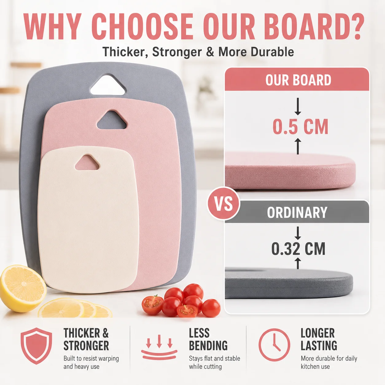 3 Piece Plastic Cutting Board Set For Kitchen Thickened Chopping Board Color Coded Non Slip Double Sided Meat Fruit