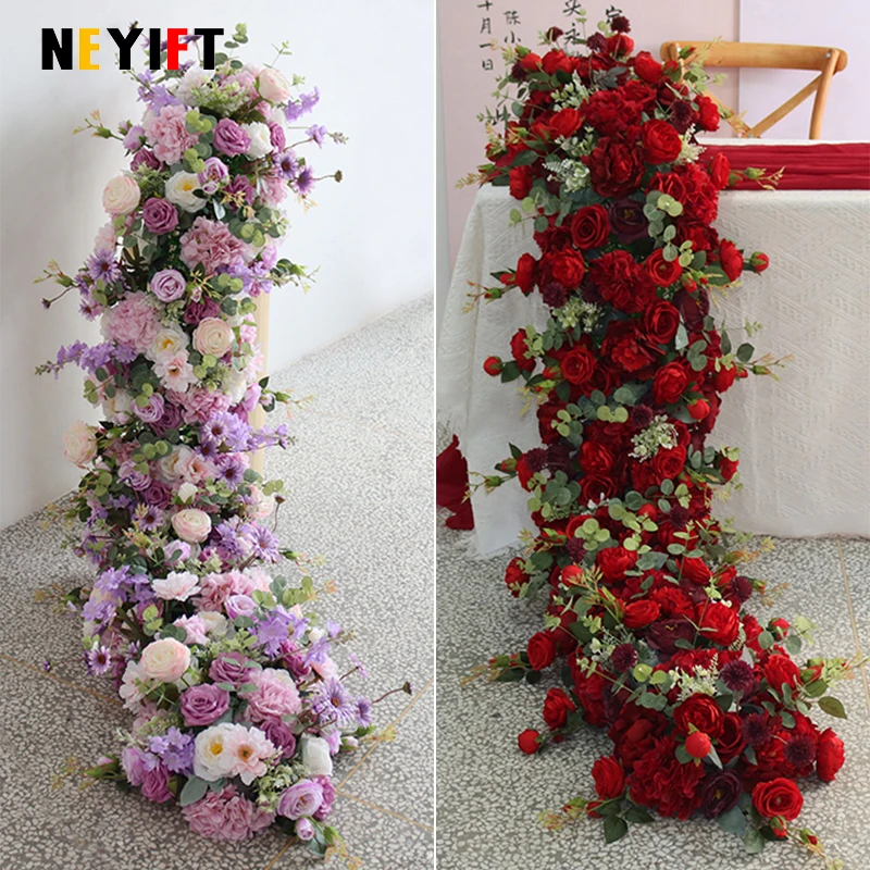 Purple Red Rose Hydrangea Large Flower Ball Artificial Flower Row Runner Wedding Backdrop Decor Floral Wall Banquet Party Props