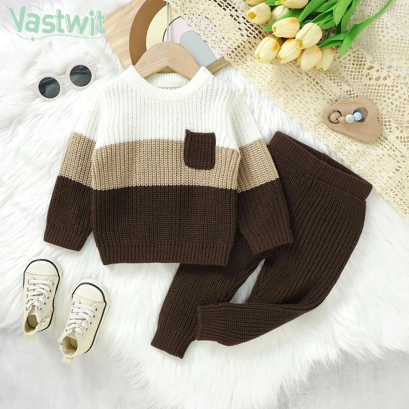 

Infant Boys Girls Casual Knitted Clothes Set Long Sleeve Color Block Sweater Tops with Pants Fall Winter Warm Outfit Daily Wear