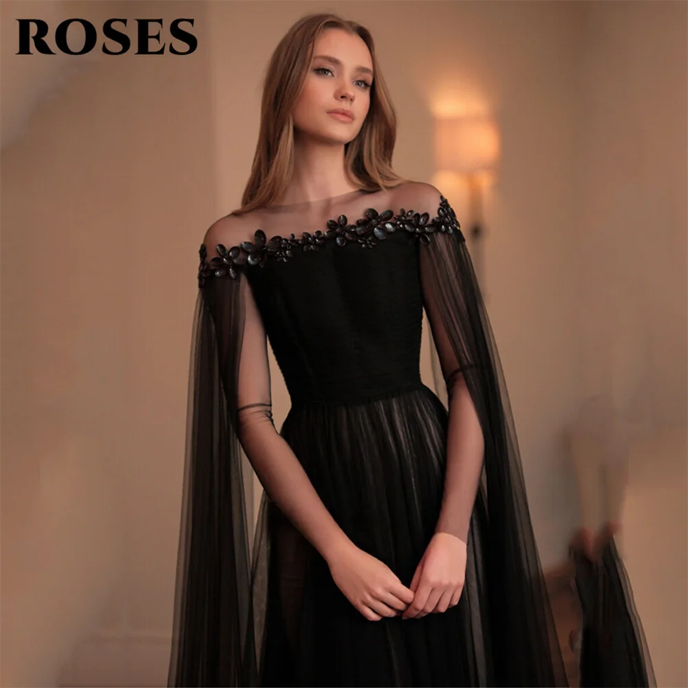 ROSES Black Prom Dresses Off The Shoulder Tulle Wedding Party Dress with Sheer Cape Sleeves and Embellished Neckline Customized