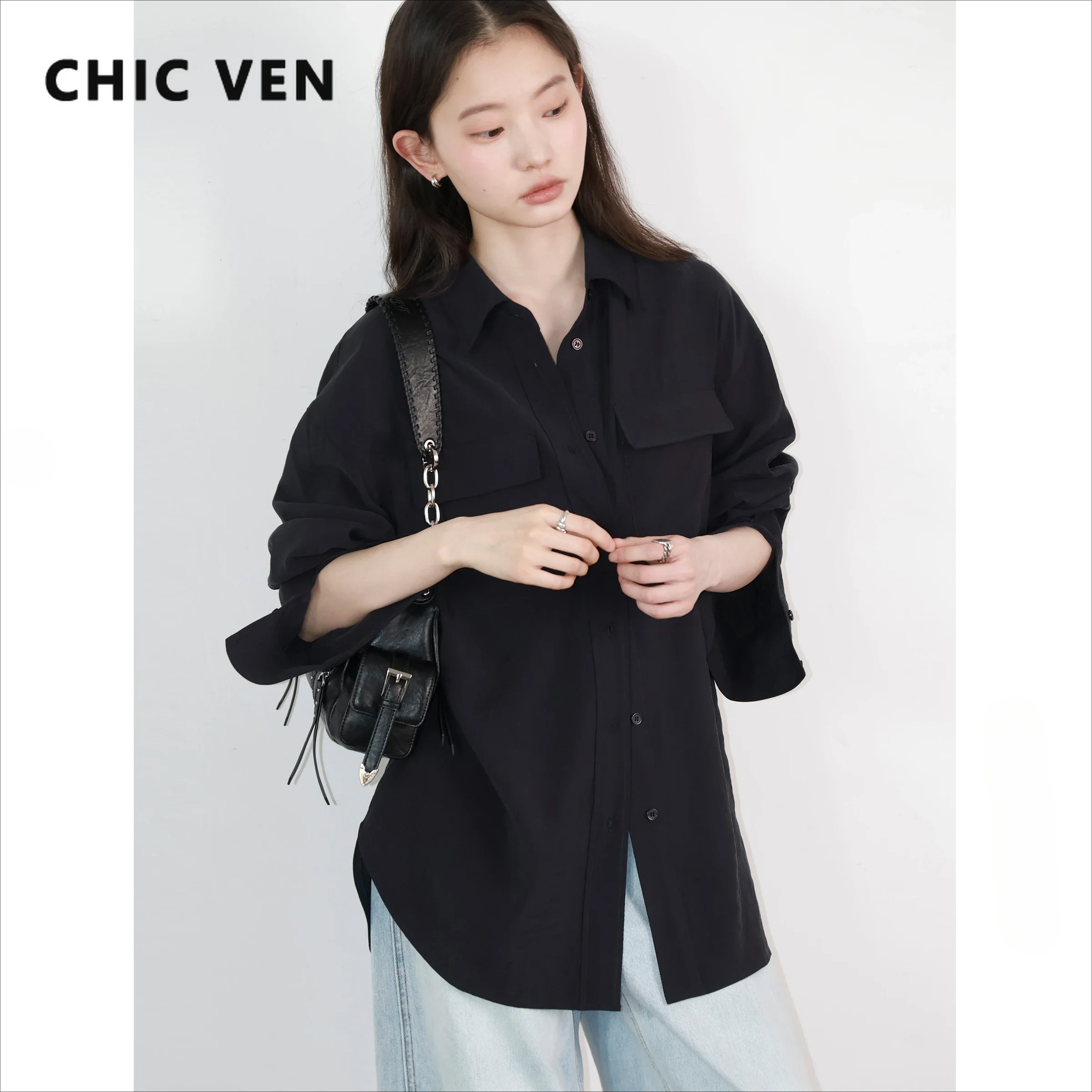 CHIC VEN mode femmes chemises solide ample décontracté simple boutonnage femmes Blouses manches longues manteau printemps été 2025 vêtements