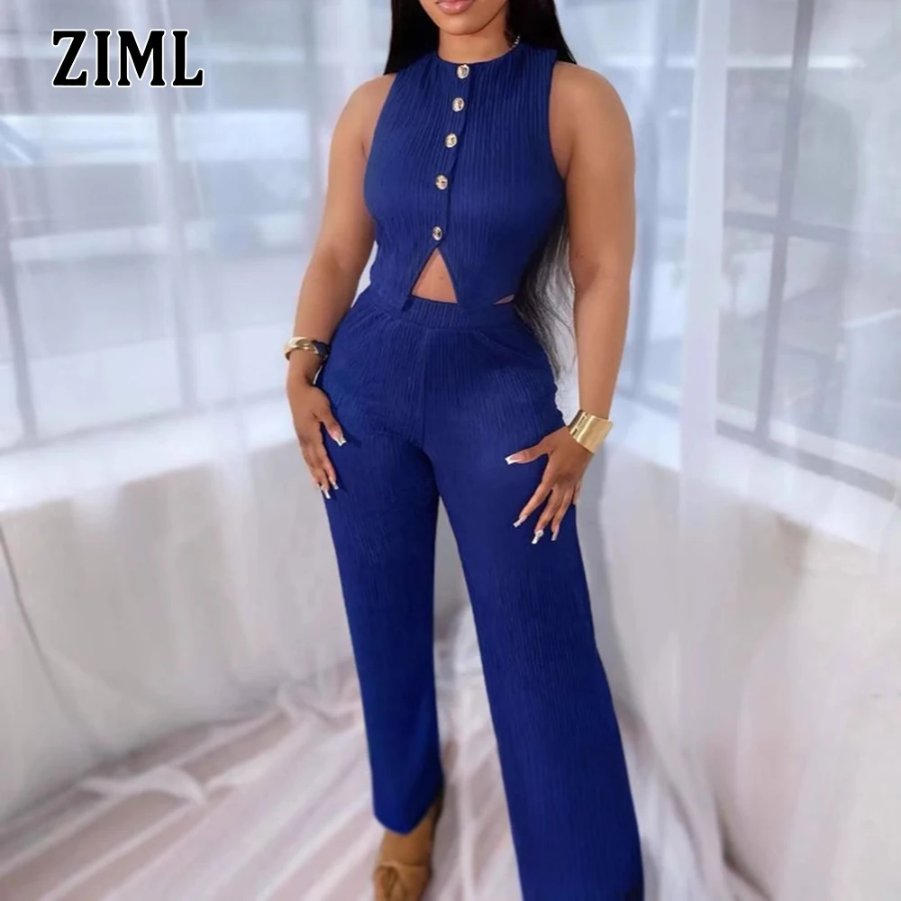 

ZIML Solid Two Piece Sets for Women Round Neck Sleeveless Spliced Button Tops High Waist Loose Pants Chic Set Female Fashion New