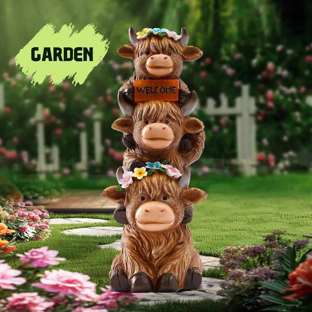 تمثال حديقة بقرة المرتفعات الشمسية مع زخرفة الزهور - هدية عيد ميلاد مثالية للنساء والأمهات