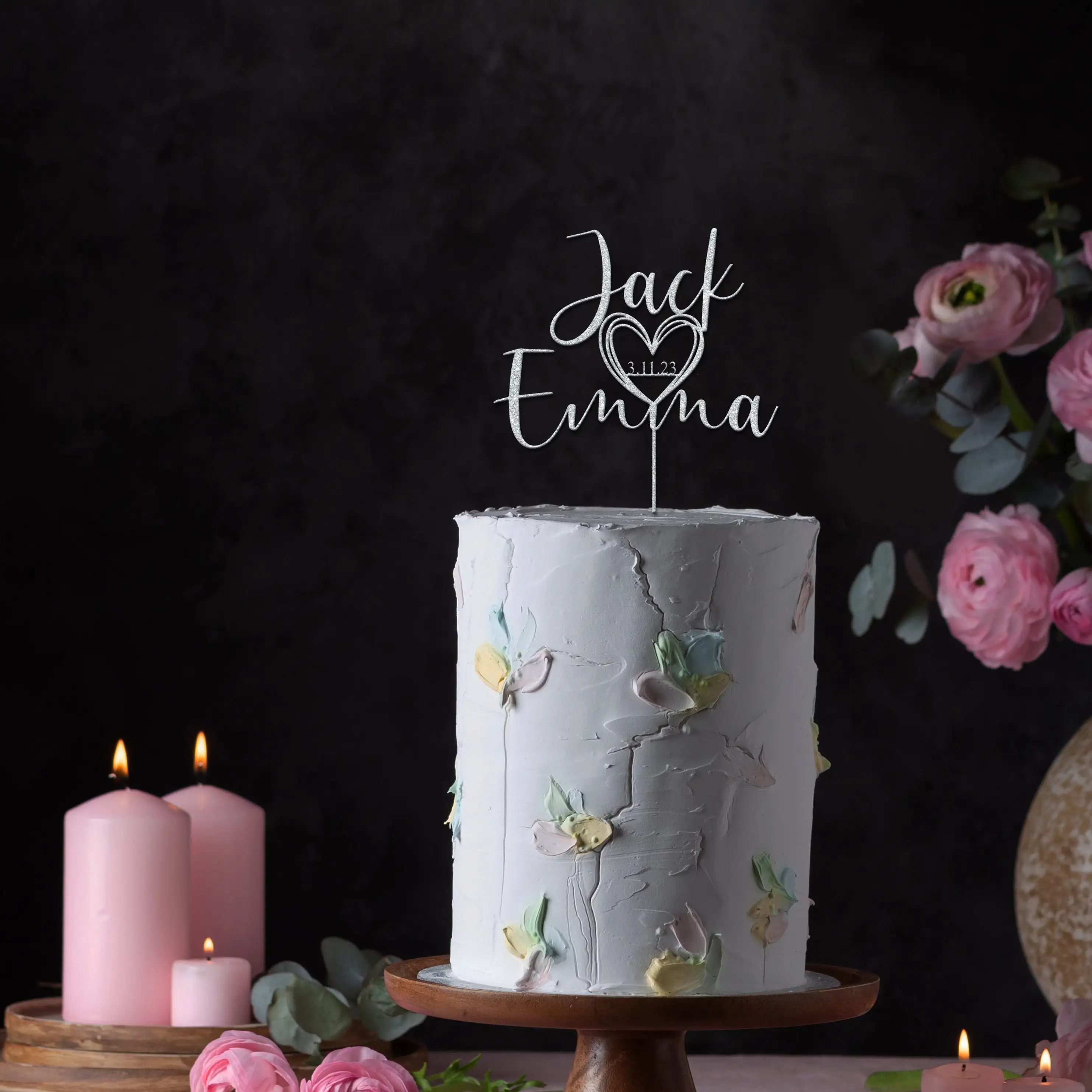 Personalisierter Hochzeitstortenaufsatz mit Datum, individuelle Schrift, Acryl-Kuchenaufsatz für die rustikale Party-Kuchendekoration der Hochzeit