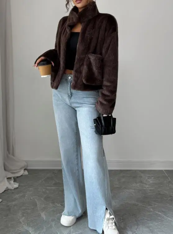 秋冬新作 無地 ハイネック プラッシュ スプライシング 暖かい ショートジャケット レディース カジュアル 大きめポケット付き プラッシュコート