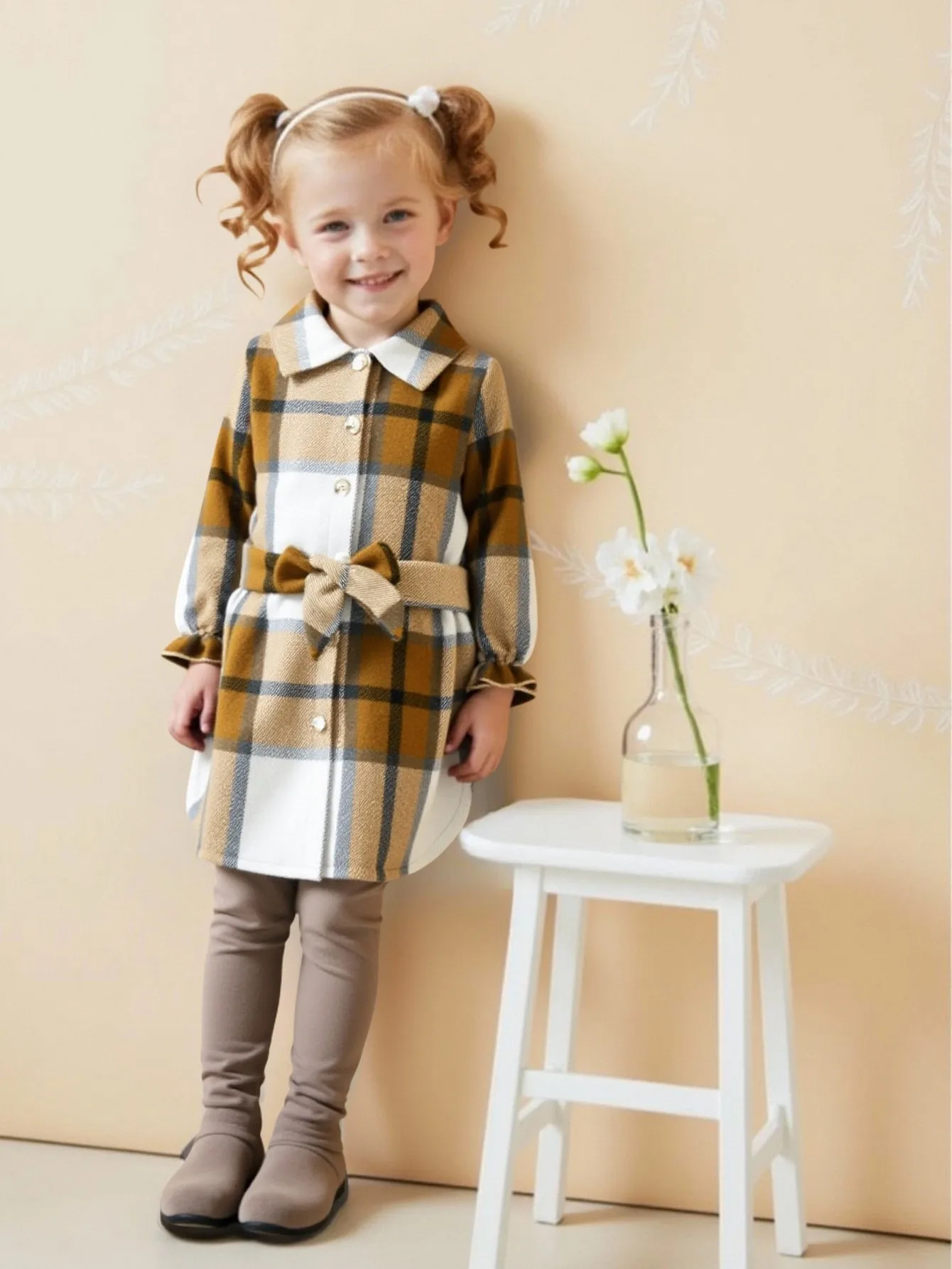 Modisches, lässiges, kariertes, gebürstetes, gewebtes Hemdkleid für Mädchen mit langen Ärmeln und Revers (einschließlich Gürtel), Herbst und Winter