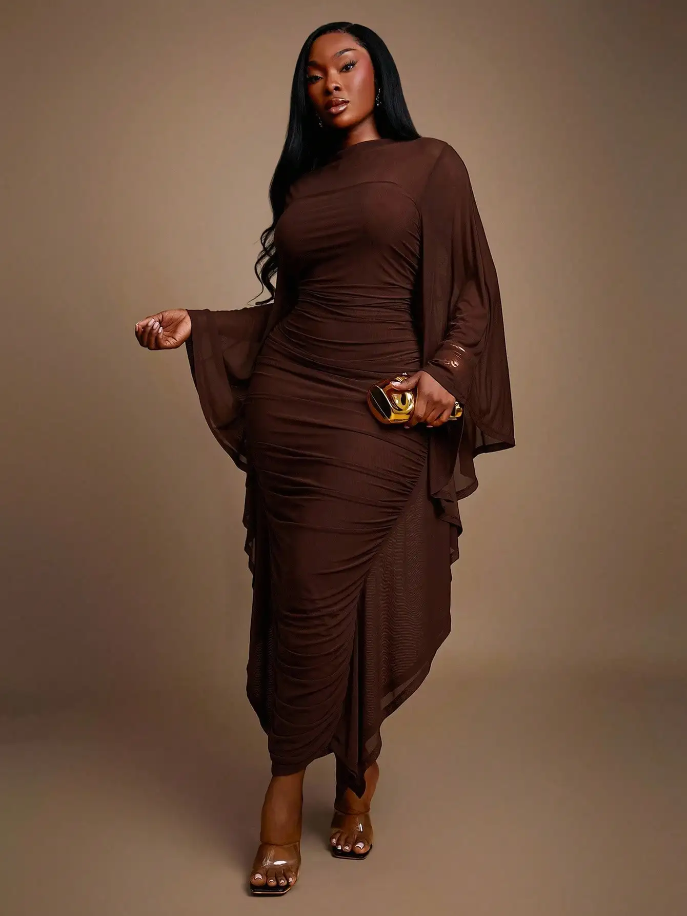 

Кофейно-коричневое плиссированное платье-боди из сетки больших размеров с рукавами-летучая мышь