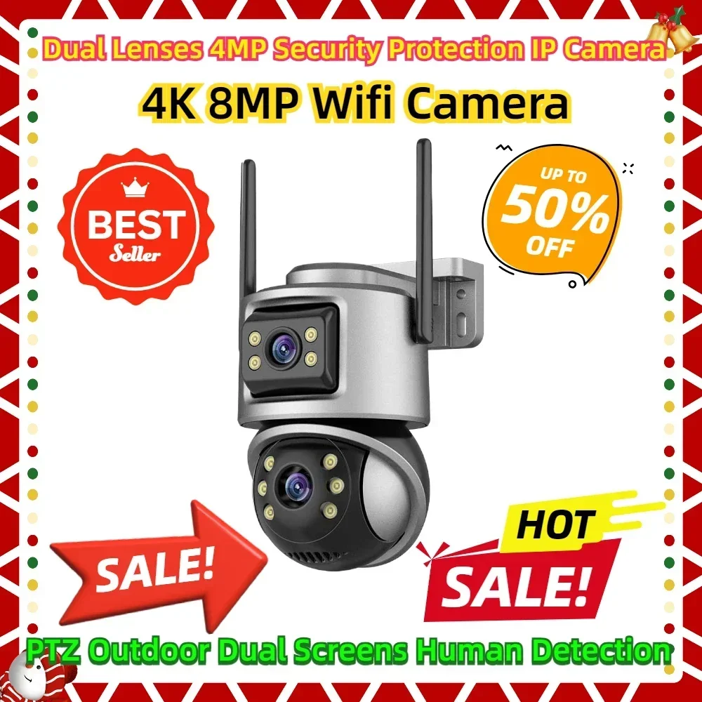 PTZ กลางแจ้ง Dual หน้าจอ Human Detection Dual เลนส์ 4MP ป้องกันความปลอดภัยกล้อง IP 4K 8MP Wifi กล้อง