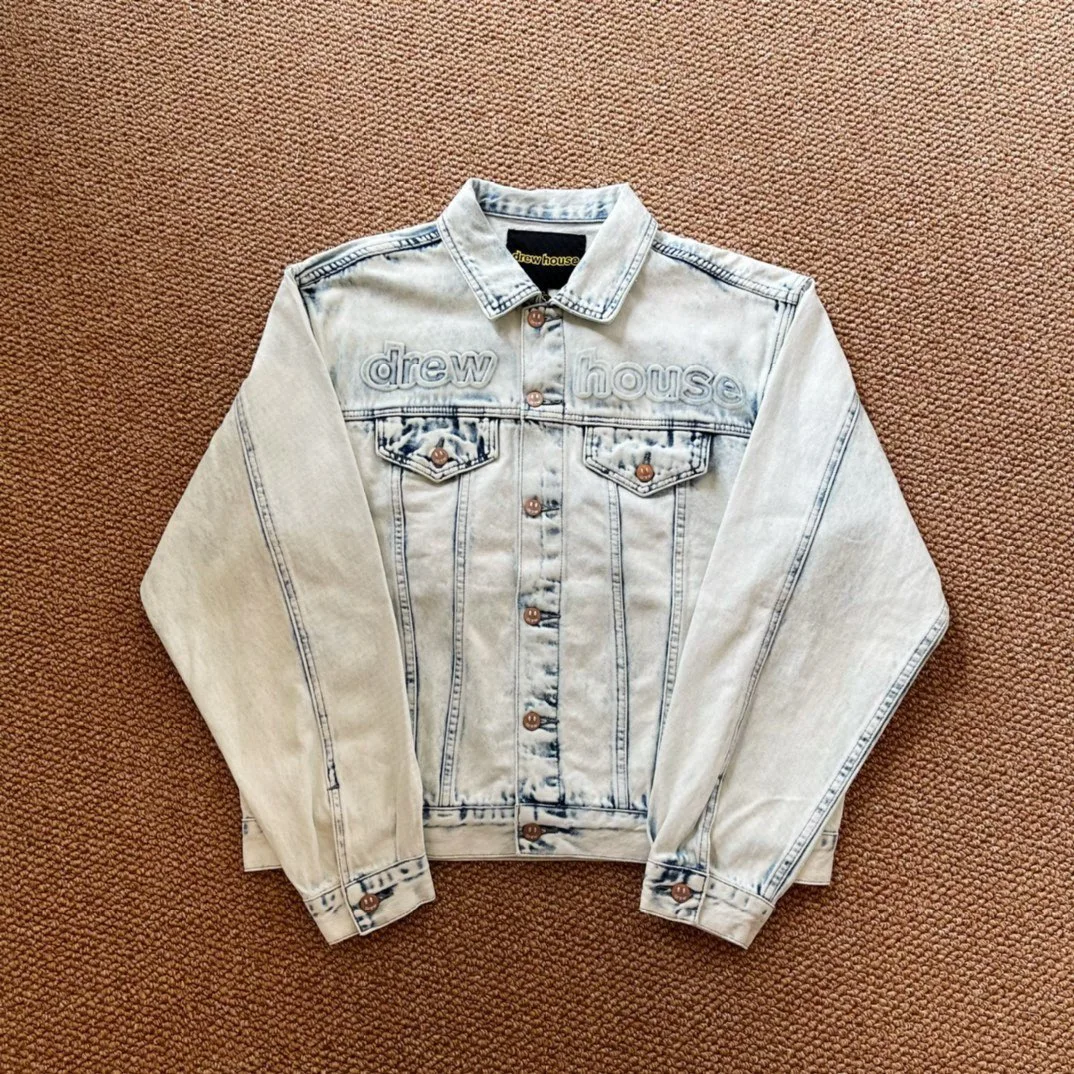 Drew House Washed Denim Jacket Men Vintage Distressed Oversized Letter Logo Streetwear Couple Jean Coat