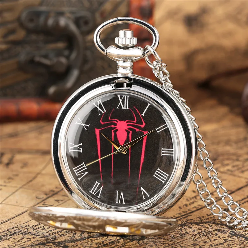 Silver Hollow Out Spider Animal Cover Men Women Quartz Analog Pocket Watch Necklace Chain Roman Number Clock Gifts