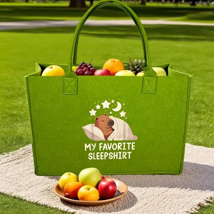 

Green Felt Tote Bag With Capybara Cartoon Print Womens Casual Everyday Handbag