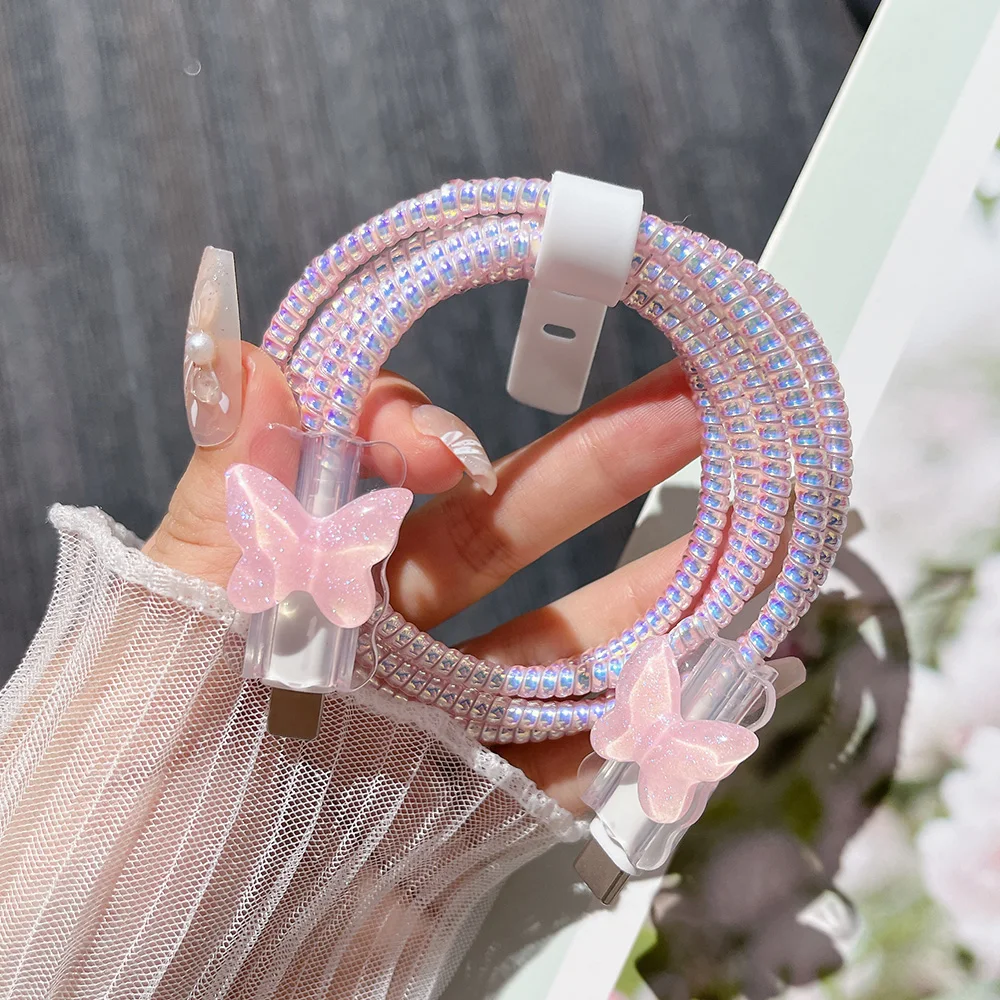 كريستال الوردي فراشة شحن كابل البيانات حامي اللفاف الملحقات آيفون 18/20 واط الكرتون شاحن الغطاء الواقي بت #3