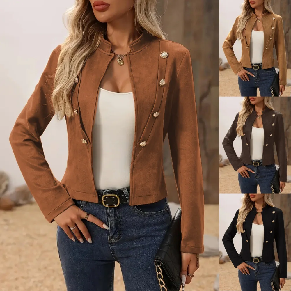 

Женская куртка со стойкой и длинными рукавами, однотонный тонкий двубортный пиджак, элегантные женские куртки