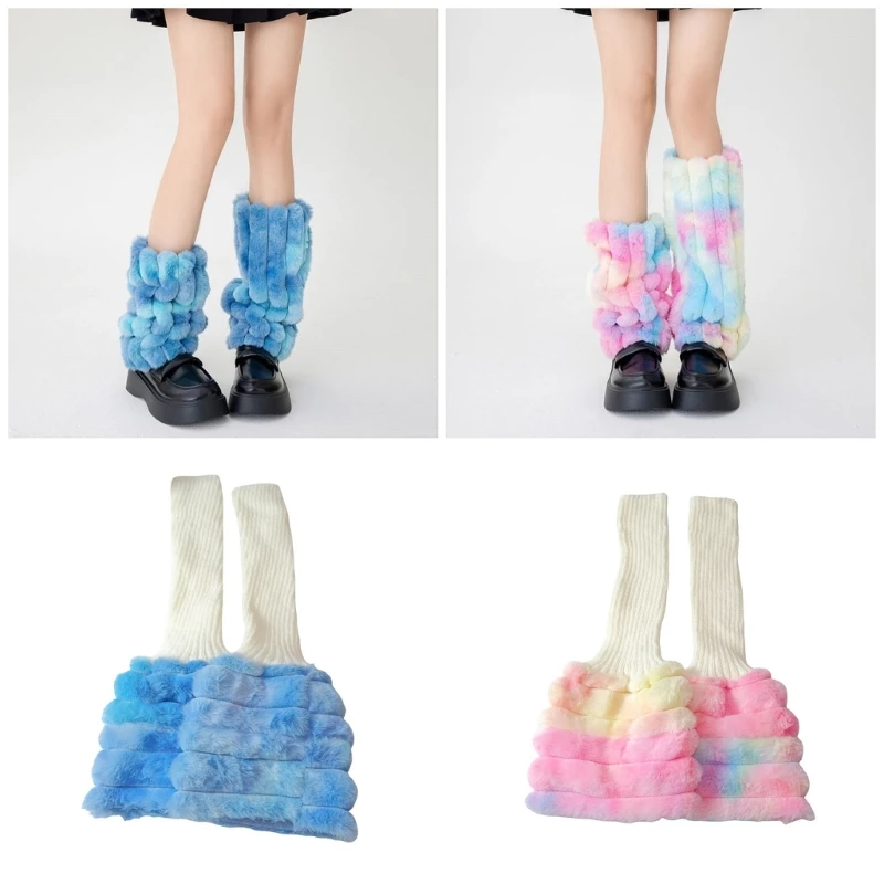 

Harajuku Ribbed Knit Leg Warmers for Women Winter Colorful Tie Dye Furry Plush Boot Cuffs Covers Calf Socks Streetwear 6XDA