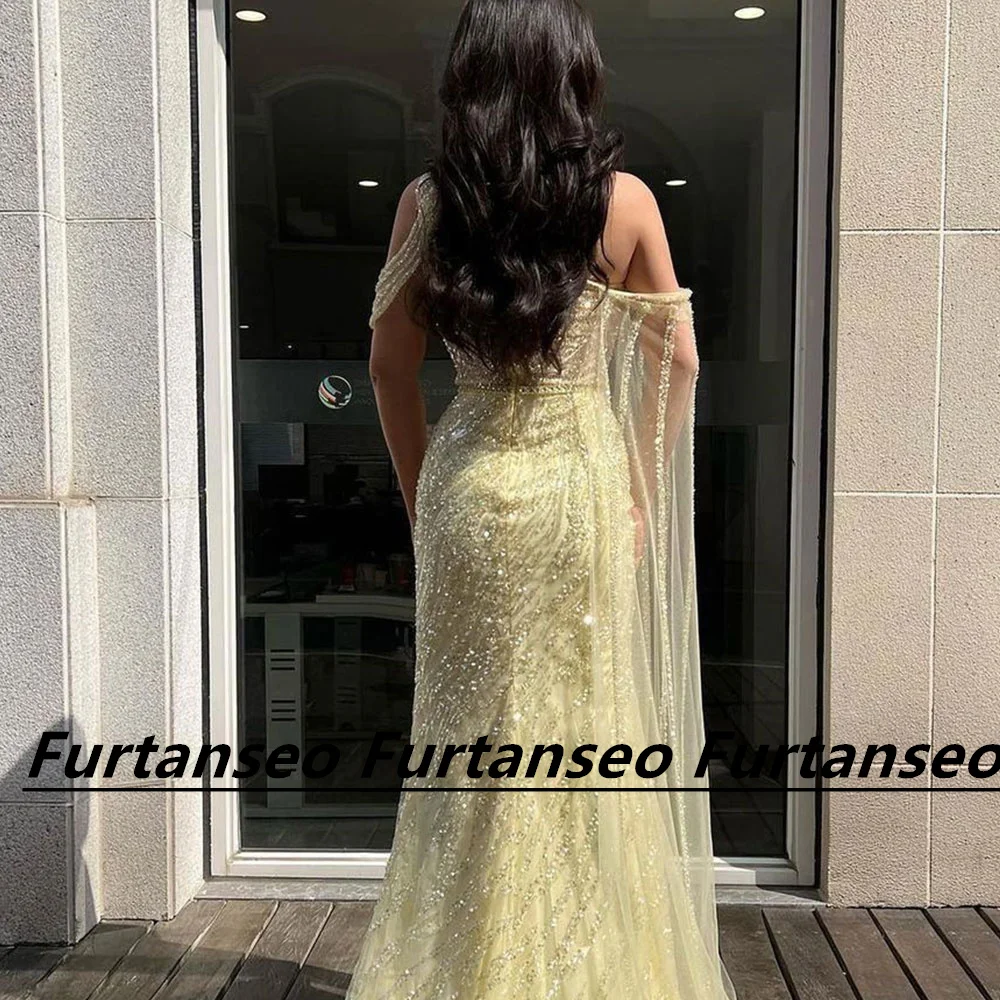 Elegant Lace Mermaid Party Gown Off The Shoulder High Split Shawl Yellow Luxury Ladies Formal Occasion Vestidos Para Mujer Gala