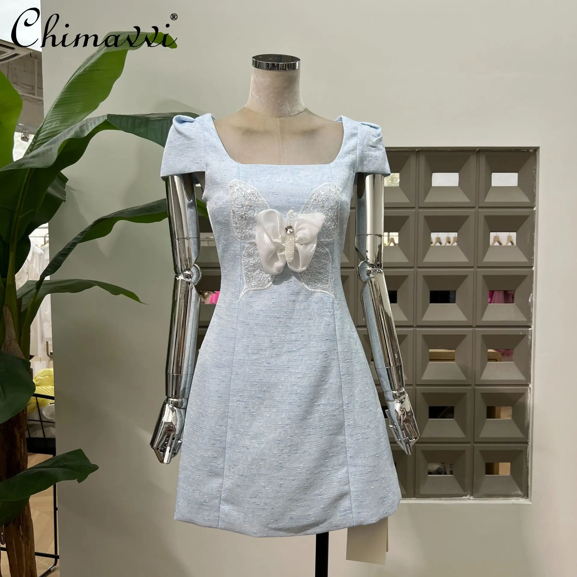 

French Elegant Fashion Socialite Party Dresses Square Neck Short Sleeve Embroidered Butterfly High Waist A-line Mini Dress Women