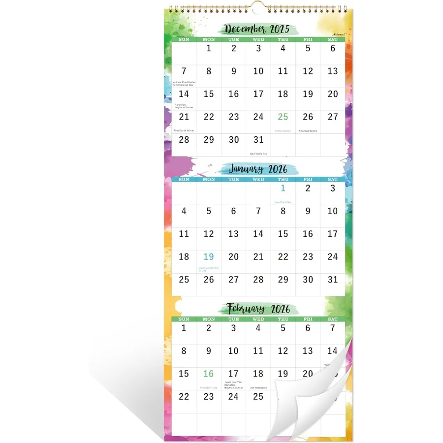 

2026 Calendar 3 Month Wall Calendar 2026 Display Folded in a Month Jan 2026 Dec 2026 11" x 26" Vertical Calendar with Thick Pap