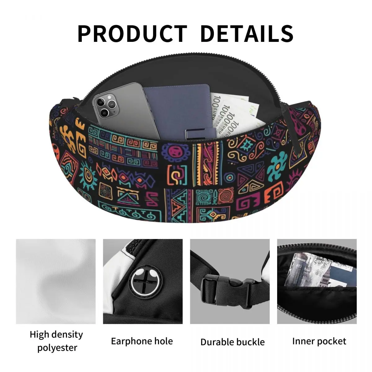 Cool African Ethnic Tribal Art Pattern Fanny Pack Men Women Africa Ankara Print Crossbody Waist Bag for Biking Phone Money Pouch