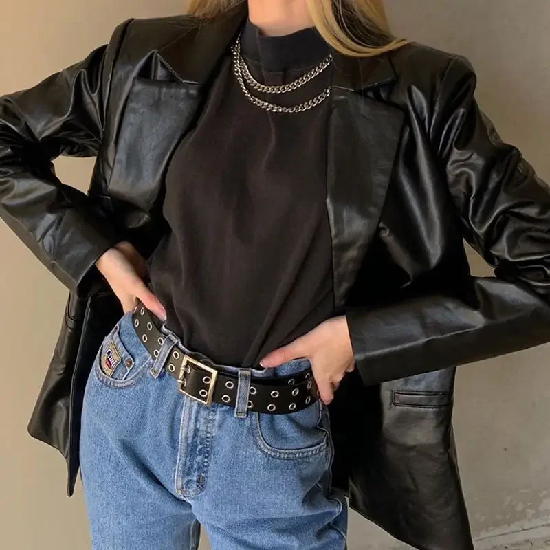 Punk Pu Leather Jacket Women Black Solid Colors Casual Commute Blazers Zipper Button Pocket Coat Female Winter Fashion Outerwear