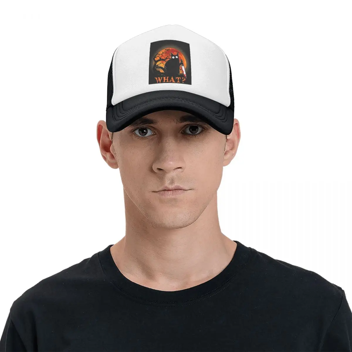 What Murderous Black Cat With Knife Halloween Cap Casual Mesh Baseball Caps Adjustable Hat Hip Hop Summer Unisex Baseball Hats