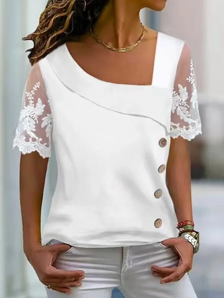 Spring and Summer Elegant Woman White Casual T-shirt Women's Fashion Slanted Neck Short Sleeve Lace Button Loose Blouse