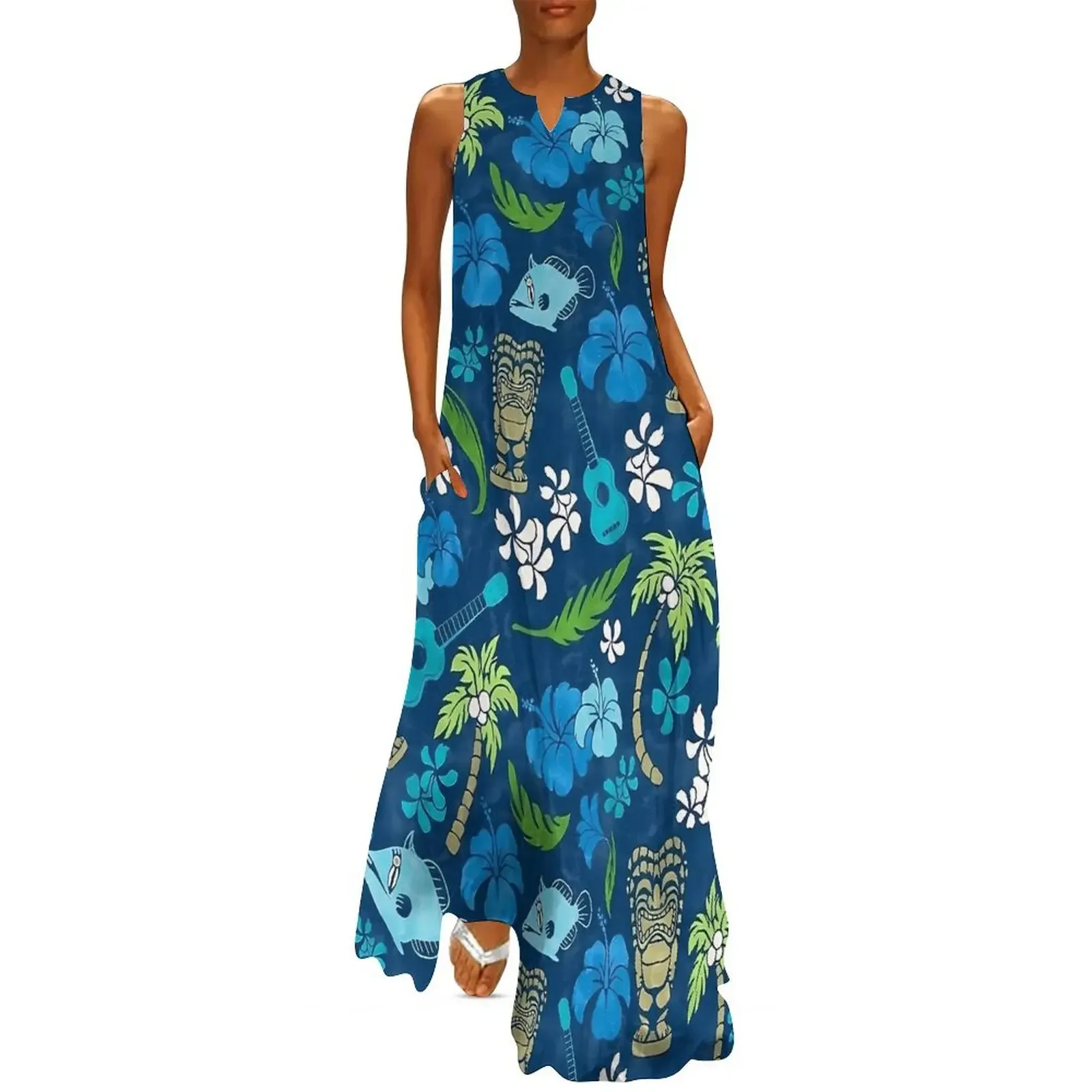 Robe hawaïenne d'été pour femmes, Tiki Tropical, fleurs, plantes, style Boho, robes longues de plage, sans manches, décontractée, Maxi, printemps