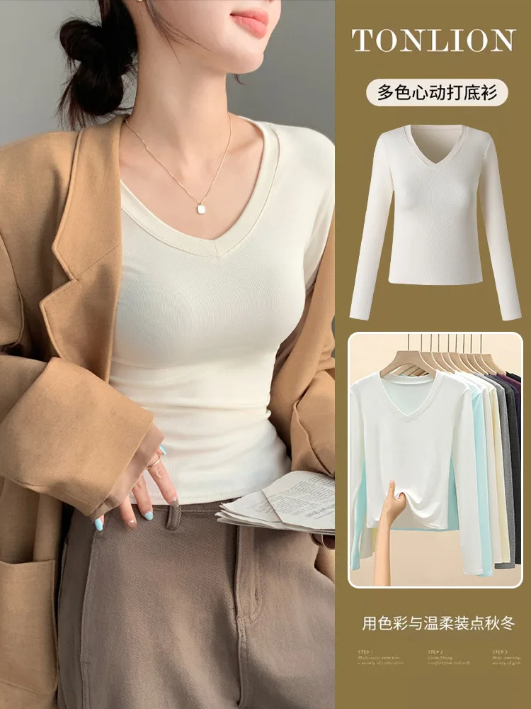 Essential V-Ausschnitt Damen Slim Fit Top Einfarbig Langarm Unterziehshirt Dehnbar Gemütlich Vielseitig Herbst Winter T-Shirt – Detail 5
