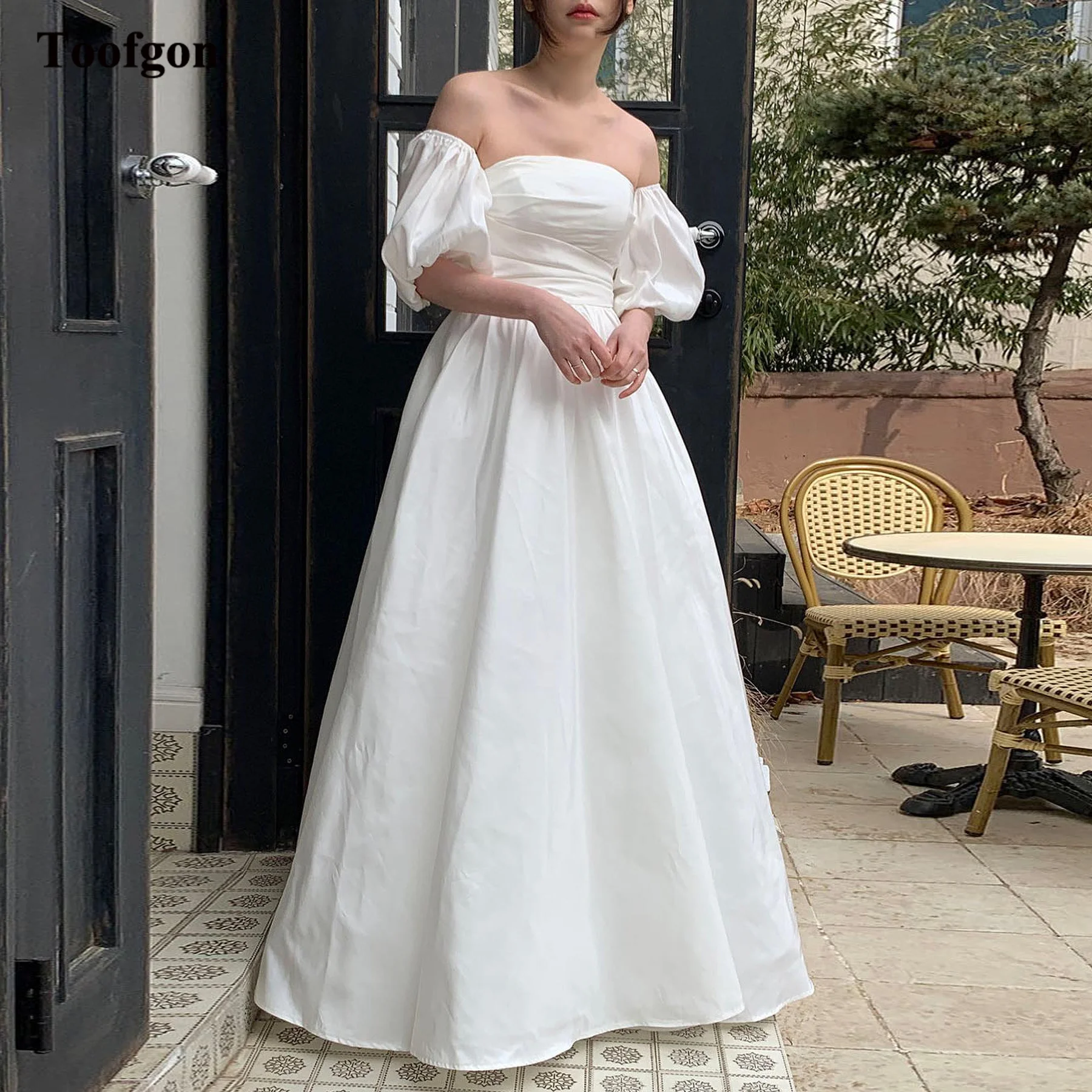 

Toofgon A Line Taffeta Wedding Dresses Removable Short Sleeves Corset Back Bridal Wedding Photos Shoot Gowns Formal Party Bride