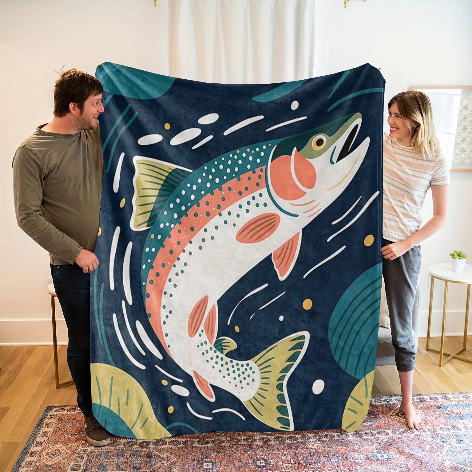 

1pc Soft Flannel Blanket - Luxury Bedspread/Throw with HD Trout Fish Leap Design in Navy Blue, Orange, White, Teal - All-Season