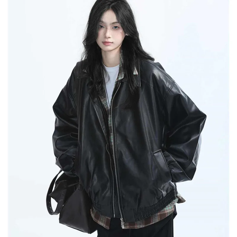 Chaqueta Retro de piel sintética con cremallera para mujer, abrigo de cuero de manga larga para primavera y otoño, prendas de vestir de cuero PU para mujer 2025