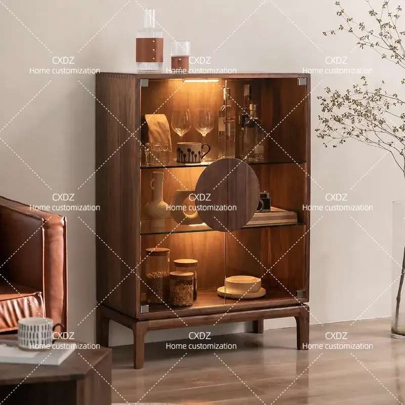 Modern simple North American black walnut solid wood dining side wine cabinet living room Japanese double door storage locker
