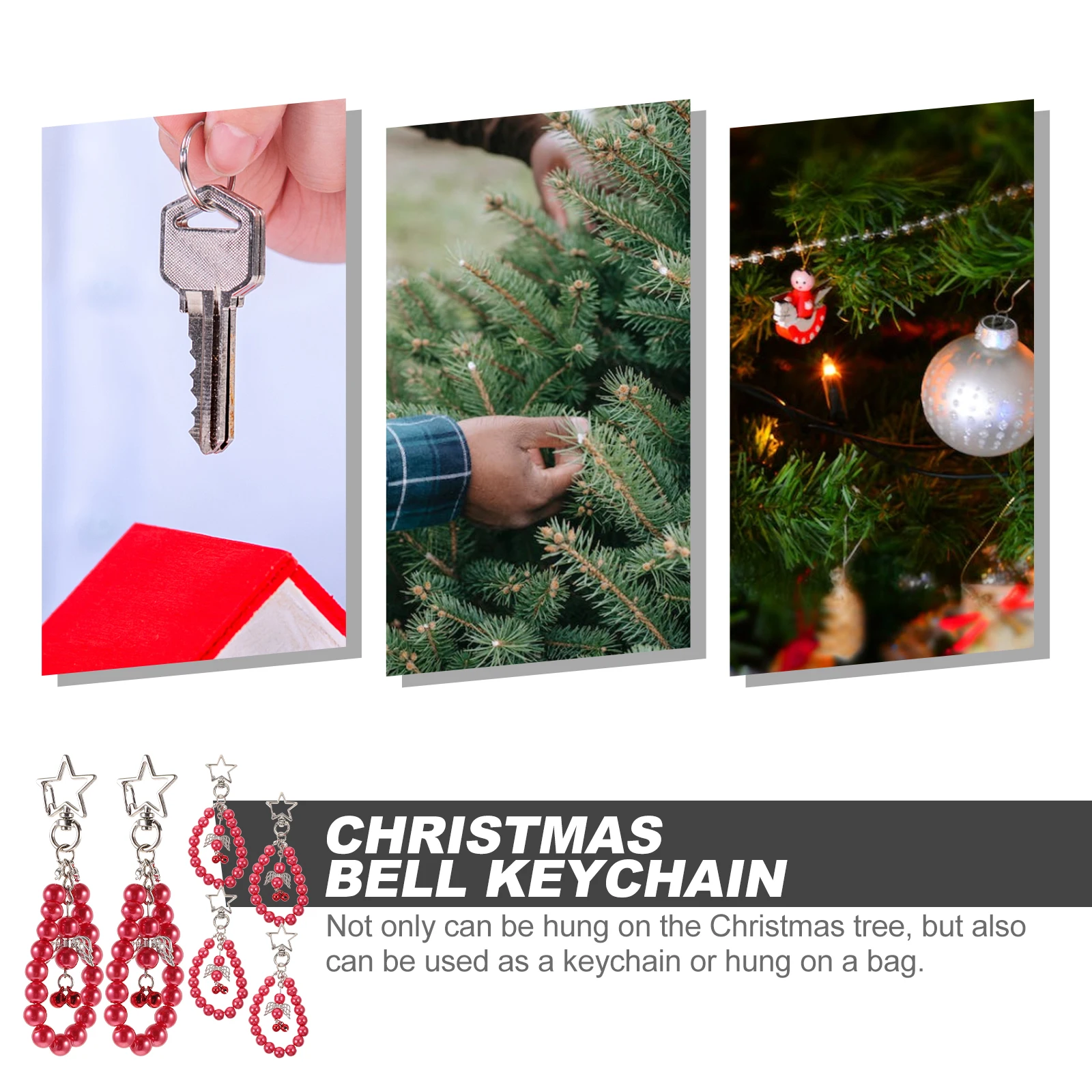 

6pcs Christmas Hanging Ornaments Xmas Tree Decor Pentagram Bell Design Keychain Bag Charm Multi-Use Party Decoration Supplies