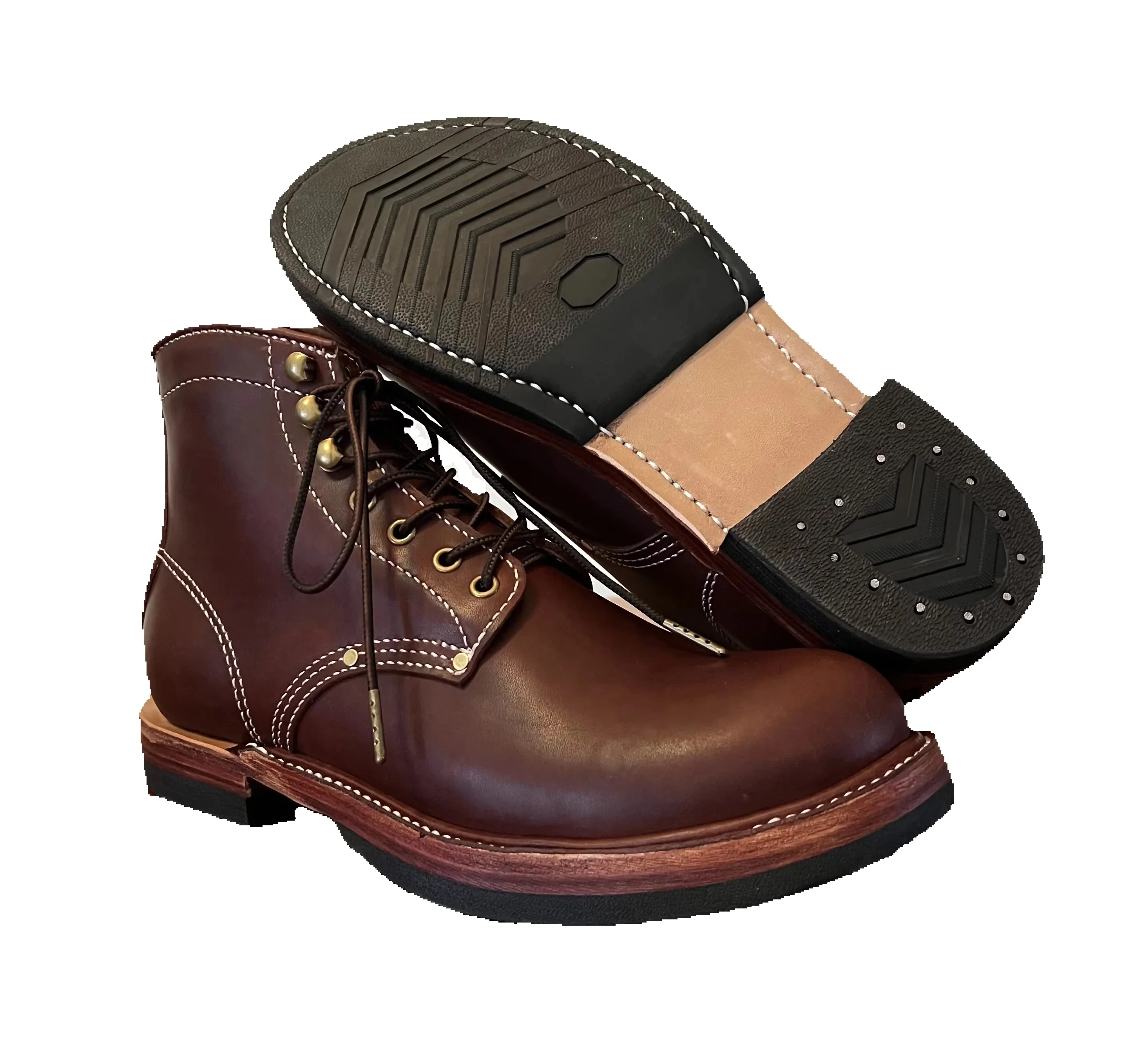 TD420 Men Vintage Brown Full Grain Leather Work Boots Goodyear Welt Ankle Boots Retro Motorcycle Outdoor Hand Stitched