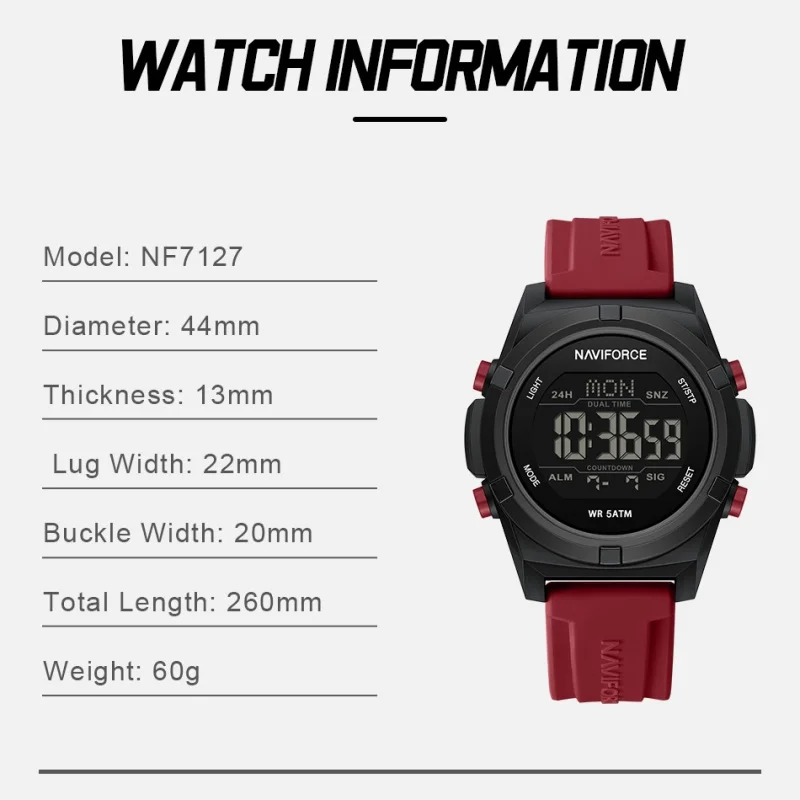 NF7127 NAVIFORCE ساعة إلكترونية للرجال ساعة رياضية متينة حزام السيليكا ساعة رقمية LED الخلفية 5ATM مقاومة للماء #4