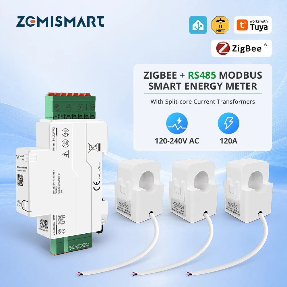 Zigbee RS485 Dual Communication Energy Meter 120A 3 Phase Power Monitor Works with Tuya Support Home Assistant via Zigbee2MQTT