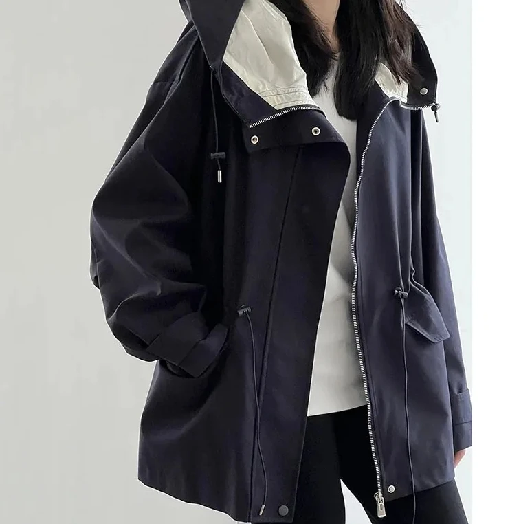 موضة ربيع الخريف للسيدات سترة بقلنسوة جديدة لعام 2025 سترة نسائية كورية فضفاضة بتصميم عتيق سترة واقية معطف نسائي خارجي غير رسمي #2