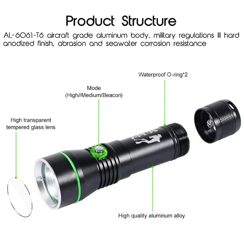 APLOS AP30 3000lm senter Selam, dengan indikator daya profesional IPX8 tahan air dapat diisi ulang lampu selam Lanterna