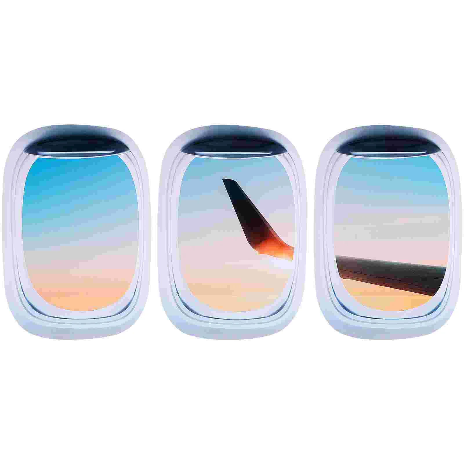 3 PCS Removable Wall Stickers Faux Window Airplane Decals Wallpaper Mural Door Decoration Landscape Home Replica