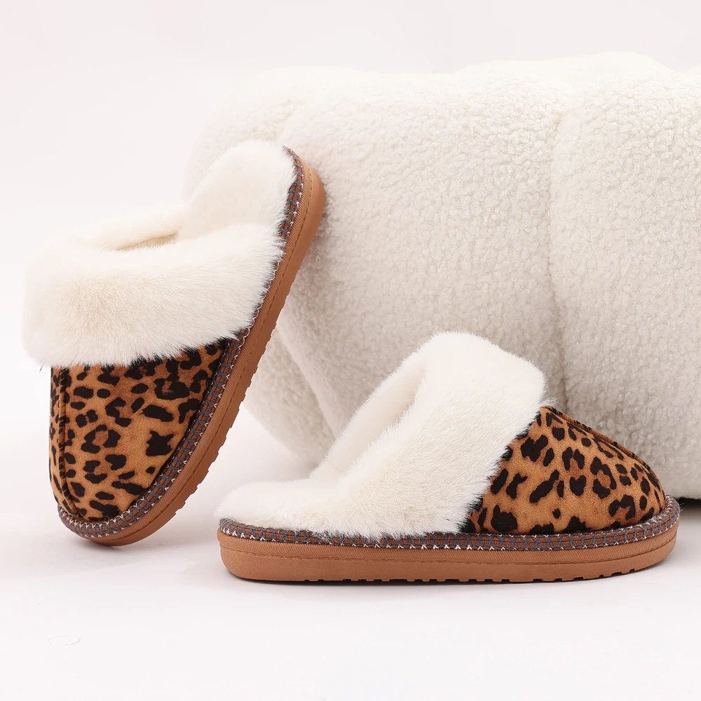 Evshine Fashion Fur Collar Fluffy Slippers Indoor Outdoor Winter Slippers Warm Plush House Shoes Women Leopard Fuzzy Slippers