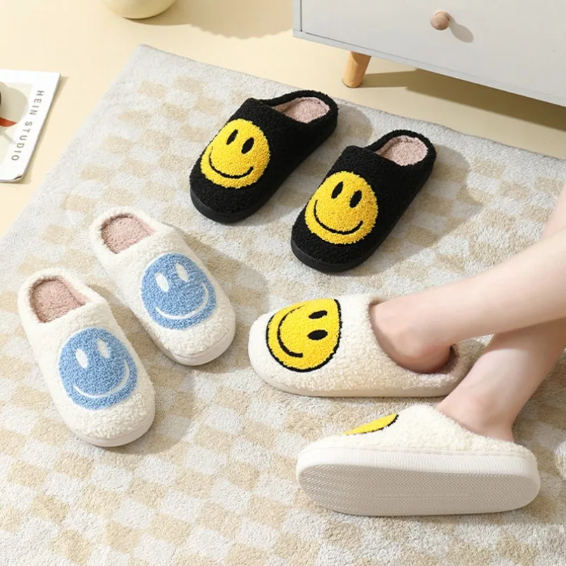 

Fuzzy Smile Face Women Slipper Kawaii Cartoon Plush Contton Indoor Funny Cute Winter Warm Floor house Home Shoes Female 2025 new