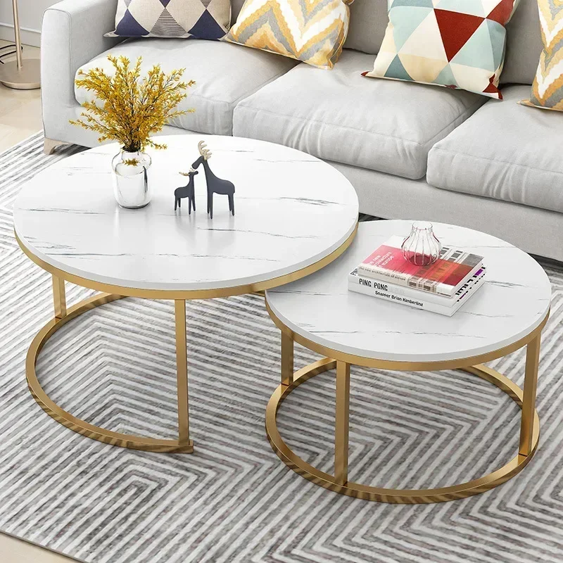 

2 In 1 Living Room Coffee Tables Marble Texture Wooden Combination Furniture Round Durable Light Luxury Iron Art Tea Tables