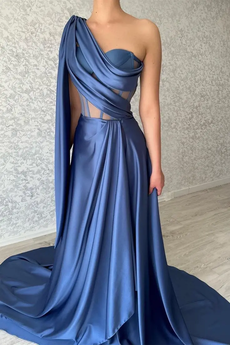 

Evening Dresses for Special Occasions Navy Blue Stretchy Satin Pleats Ruched Illusion A Line Prom Gowns Formal Party Dress