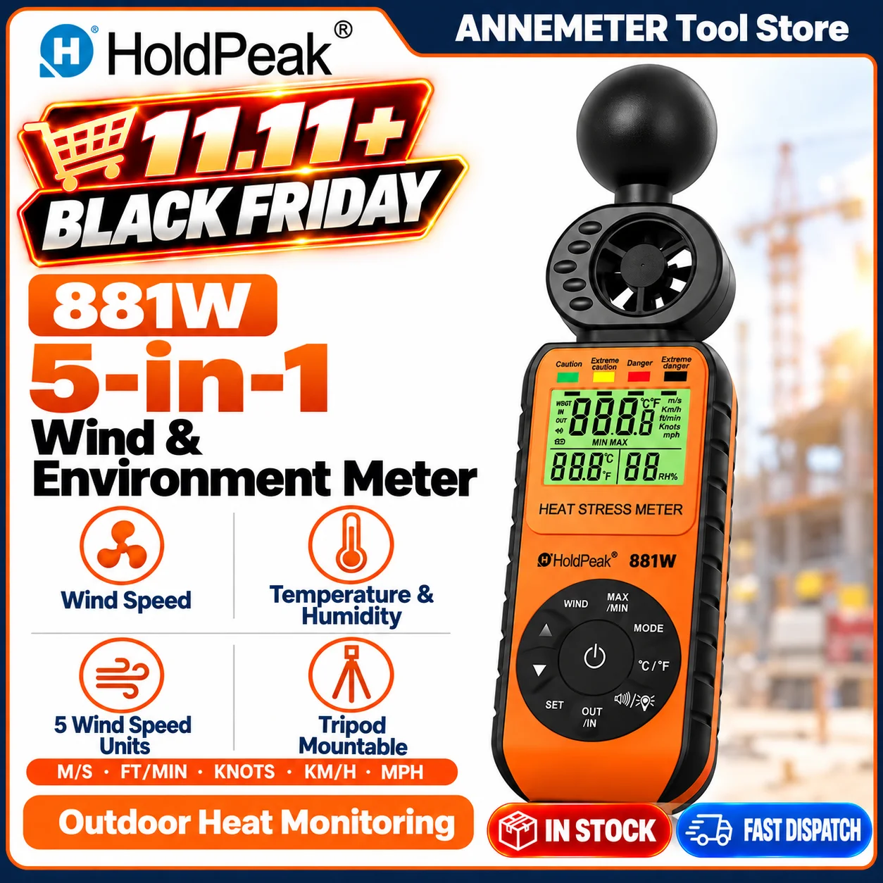 WBGT Heat Stress Meter Anemometer, Wind Speed Temp Humidity Tester with Backlit & Tripod Hole for Marathon Drone Surfing