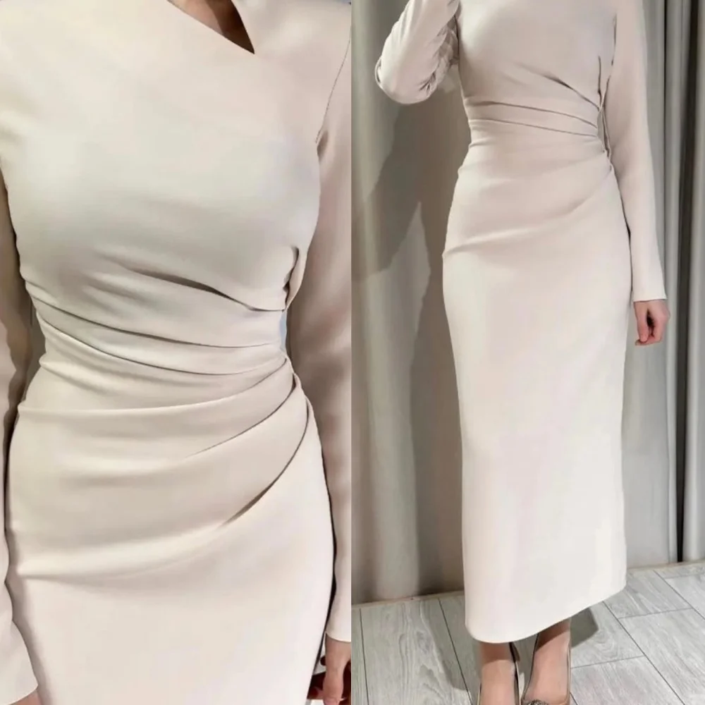 

Customized Modern Crew Neck Long Sleeves Evening Dress Delicate Jersey Prom Dresses Temperament White Bridal Party Gowns