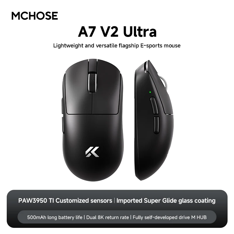 MCHOSE A7 V2 Ultra Gaming Muis PAW3950 TI Sensor Dual 8000Hz 20000fps 42000DPI 750IPS Geïmporteerde Super Glide Glas Coating CSGO