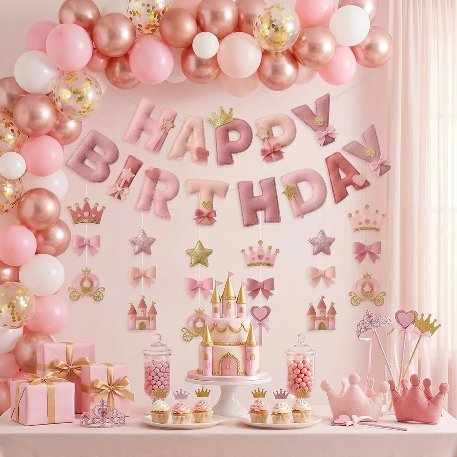 2D Felt Pink Princess Theme Crown Bow Carriage Hanging Spiral Garland Banners Decorations Princess Girls Birthday Baby Party image 4