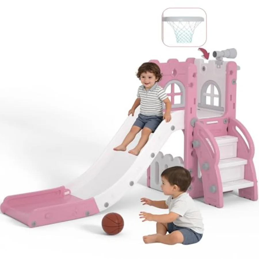

6 in 1 Toddler Slide Playset for Indoor Outdoor Use, HDPE Plastic, Blue and Red, Weather-Resistant with Basketball Hoop, Storag
