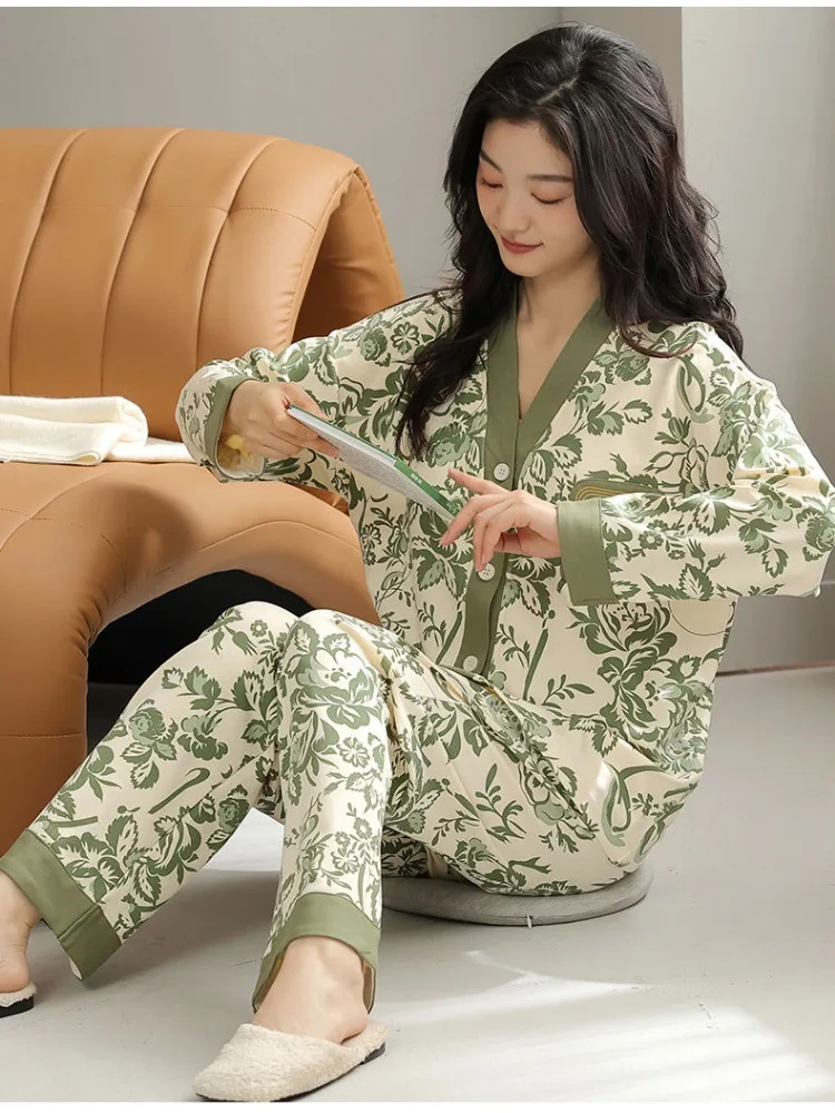 print Women Cotton Sleepwear Vintage Chest pads Sleepwear Long Sleeve Autumn Pajama Sets Loungewear Set Korean Pants Button