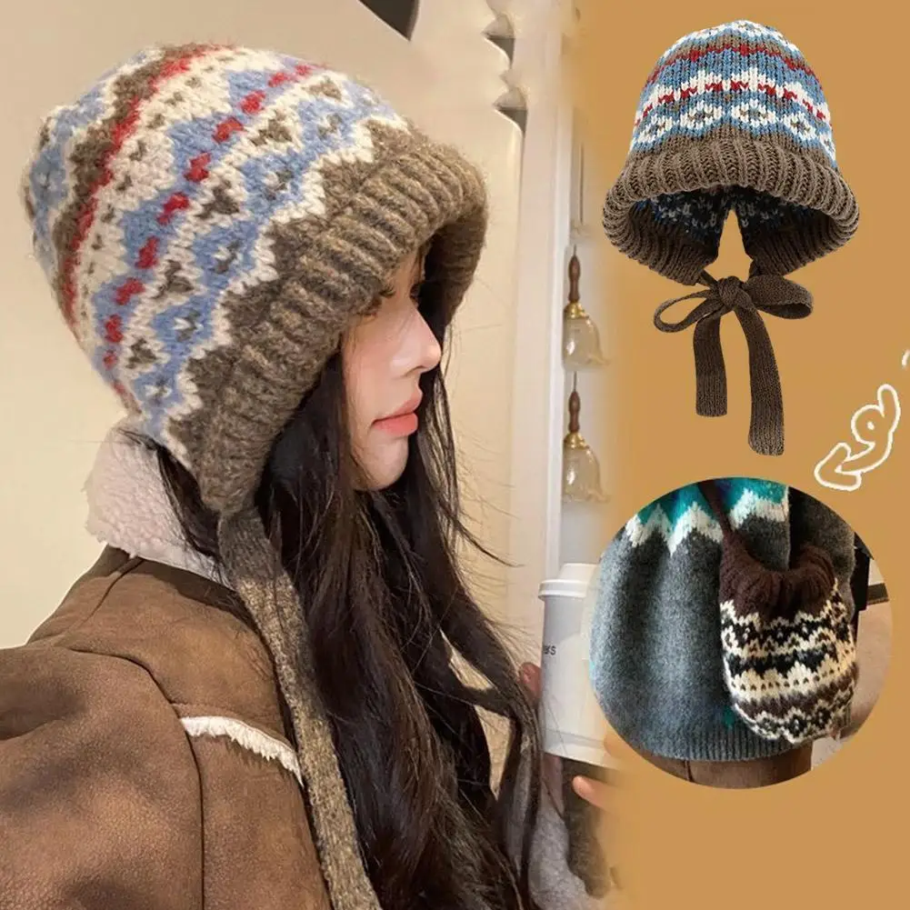 Women Ethnic Style Striped Spliced Knitted Woolen Hat For Autumn And Winter Thickened Warm And Cold Resistant Ear Protection